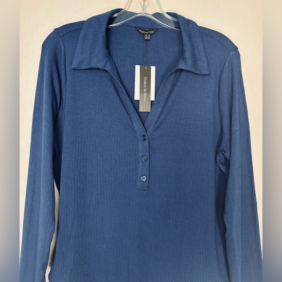 NEW VIOLETS & ROSES COLLARED BUTTON V-NECK BODYSUIT CAREER BLOUSE 1X BLUE 0628 - Picture 2 of 8